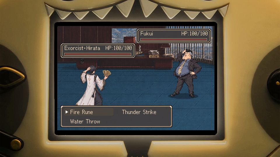 Pixel-art turn-based battle on a handheld console