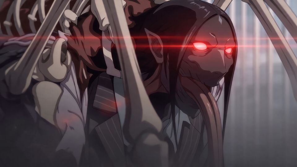 A red-eyed yokai emerging from bones