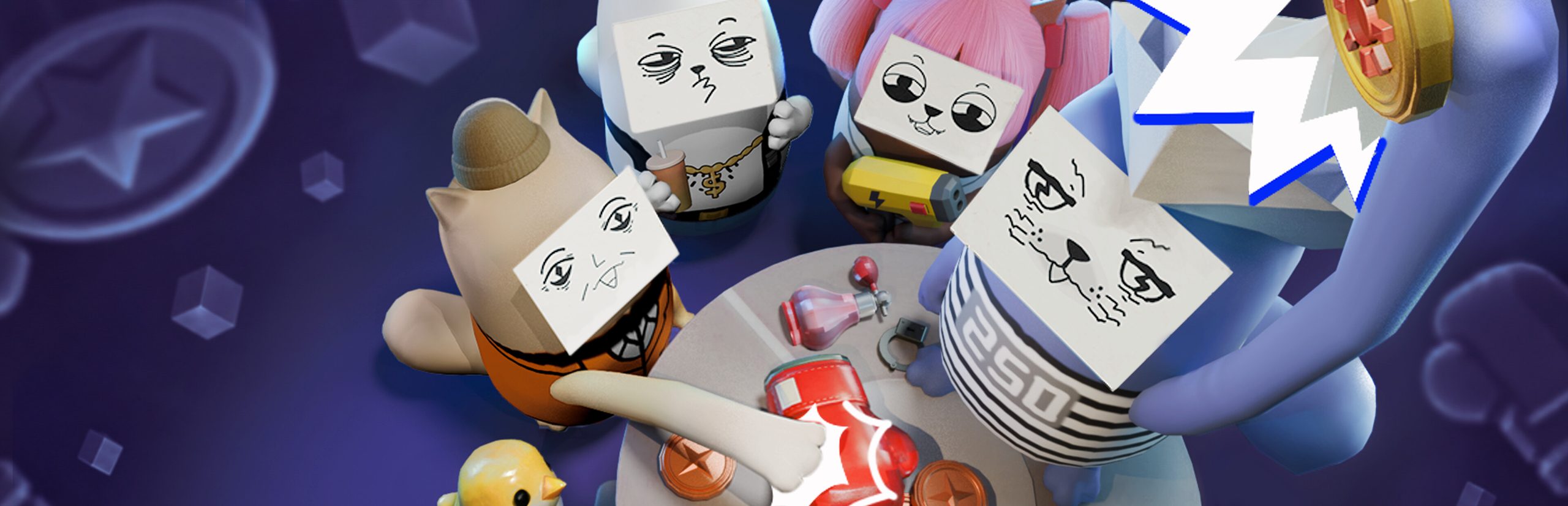 Key art of No Rest for Thieves — four box-headed cat thieves around a table of loot