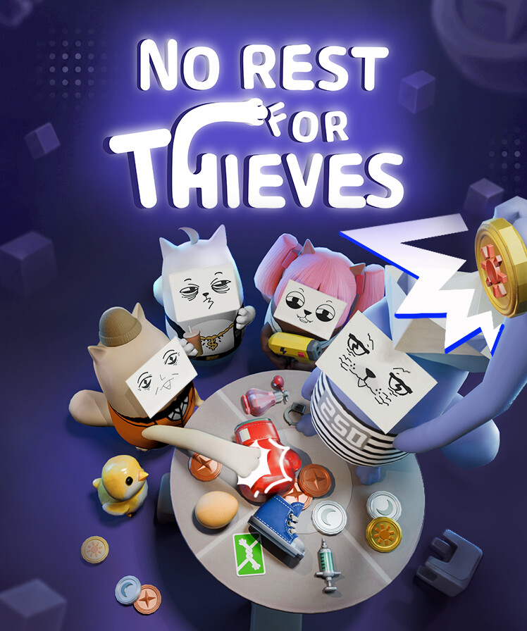 No Rest for Thieves key art: four cat thieves around a table piled with coins
