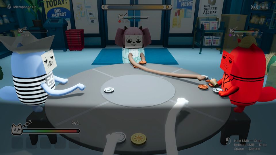 Four thieves reaching across the table for coins