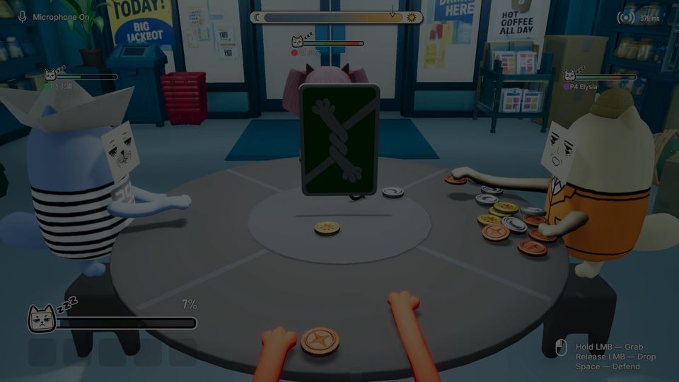 An item card raised above the table